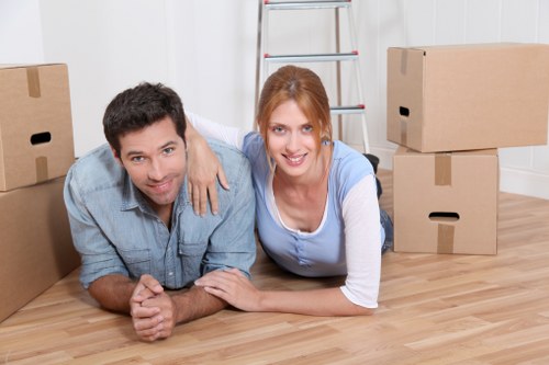 Office relocation equipment prepared for transport by a local removals team