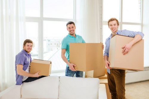 Packed boxes and furniture prepared for loading into a van