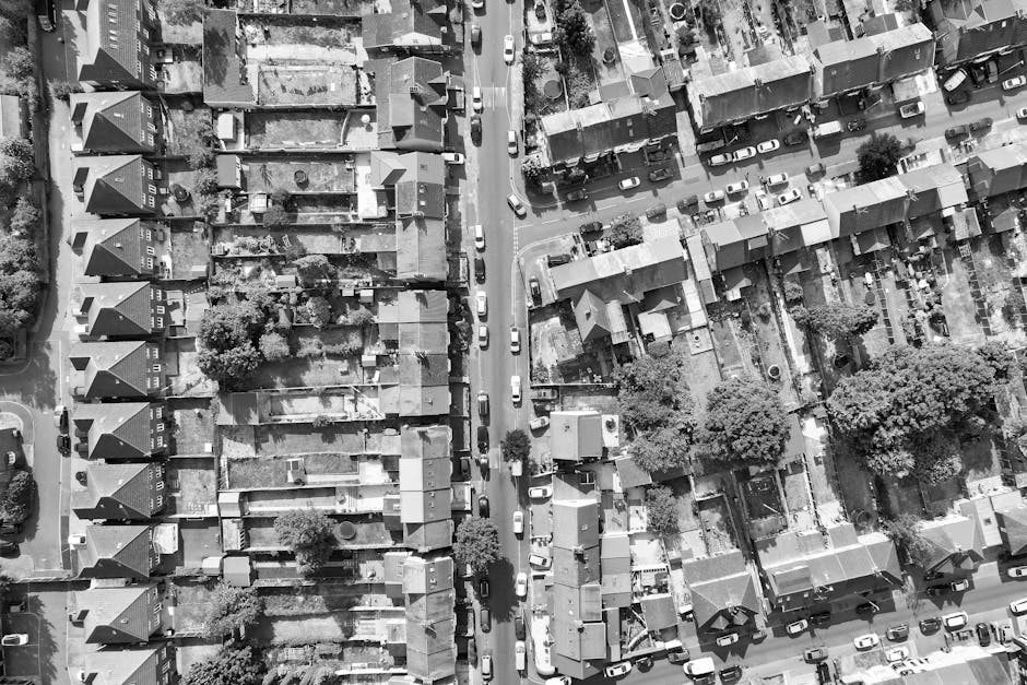 An aerial black-and-white photograph shows a residential street in Lewisham, Honor Oak, with closely packed terraced houses and semi-detached homes. The image captures the rooftops, which are mainly flat or sloped and covered with tiles, and some houses have small backyards enclosed by fences or walls. Along the street, cars are parked parallel to the curb, with some vehicles partially visible on the pavement and others parked along driveways. Trees line parts of the street, providing shade and greenery amidst the urban layout. A Man with Van Honor Oak vehicle is visible parked at the side of the road, positioned for loading or unloading household furniture during a home relocation. Imported furniture items, wrapped in protective plastic or blankets, might be seen either inside or being moved from the properties, as part of the furniture transport process. The scene reflects a typical moving or packing and moving activity, with equipment such as trolleys possibly present, and the environment illuminated by natural daylight, emphasizing the arranged and systematic loading process during residential moves.