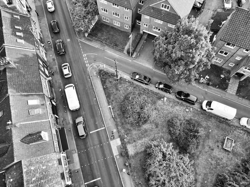 An aerial view in black and white showing a narrow urban street with several parked cars lining both sides, including a white van situated near the curb. Adjacent to the street is a small grassy area with three trees and a few bushes, bordered by residential buildings with multiple windows and tiled roofs. The street appears to be a typical residential area suitable for home relocation activities. The image captures a scene where a removals company such as Man with Van Honor Oak might be involved in furniture transport, packing, and loading processes, with the van positioned for possible loading or unloading near the homes. The setting includes pavement, street markings, and utility poles, all clearly visible and suggesting a typical environment for house removals or relocation services.